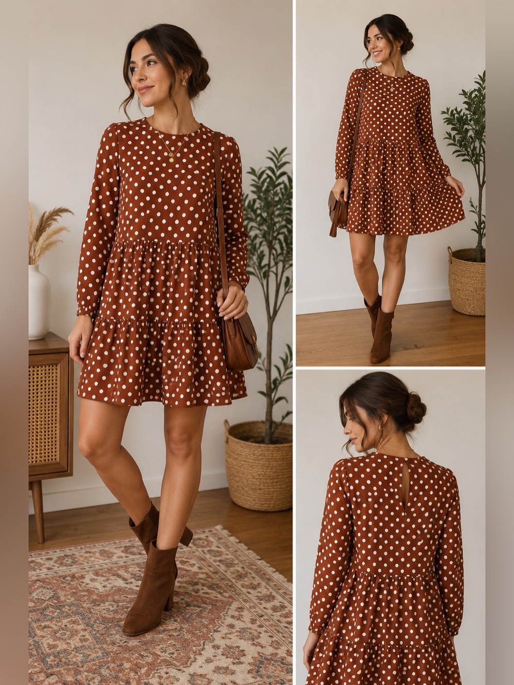 Women's Polka Dot Tiered Mini Dress in Rust Brown